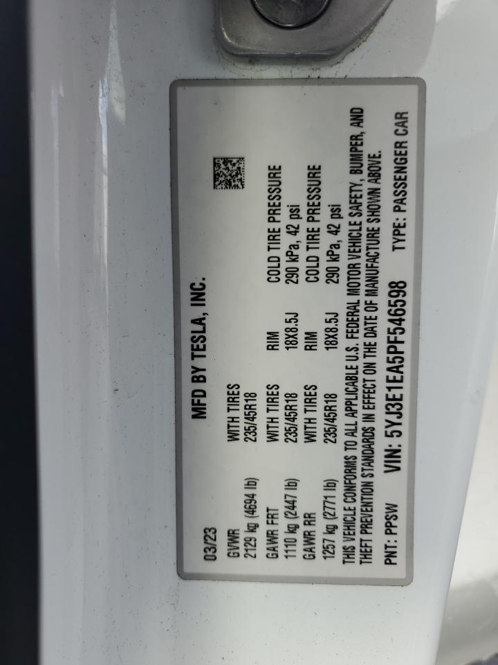 2023 Tesla Model 3 VIN: 5YJ3E1EA5PF546598 Lot: 92818755