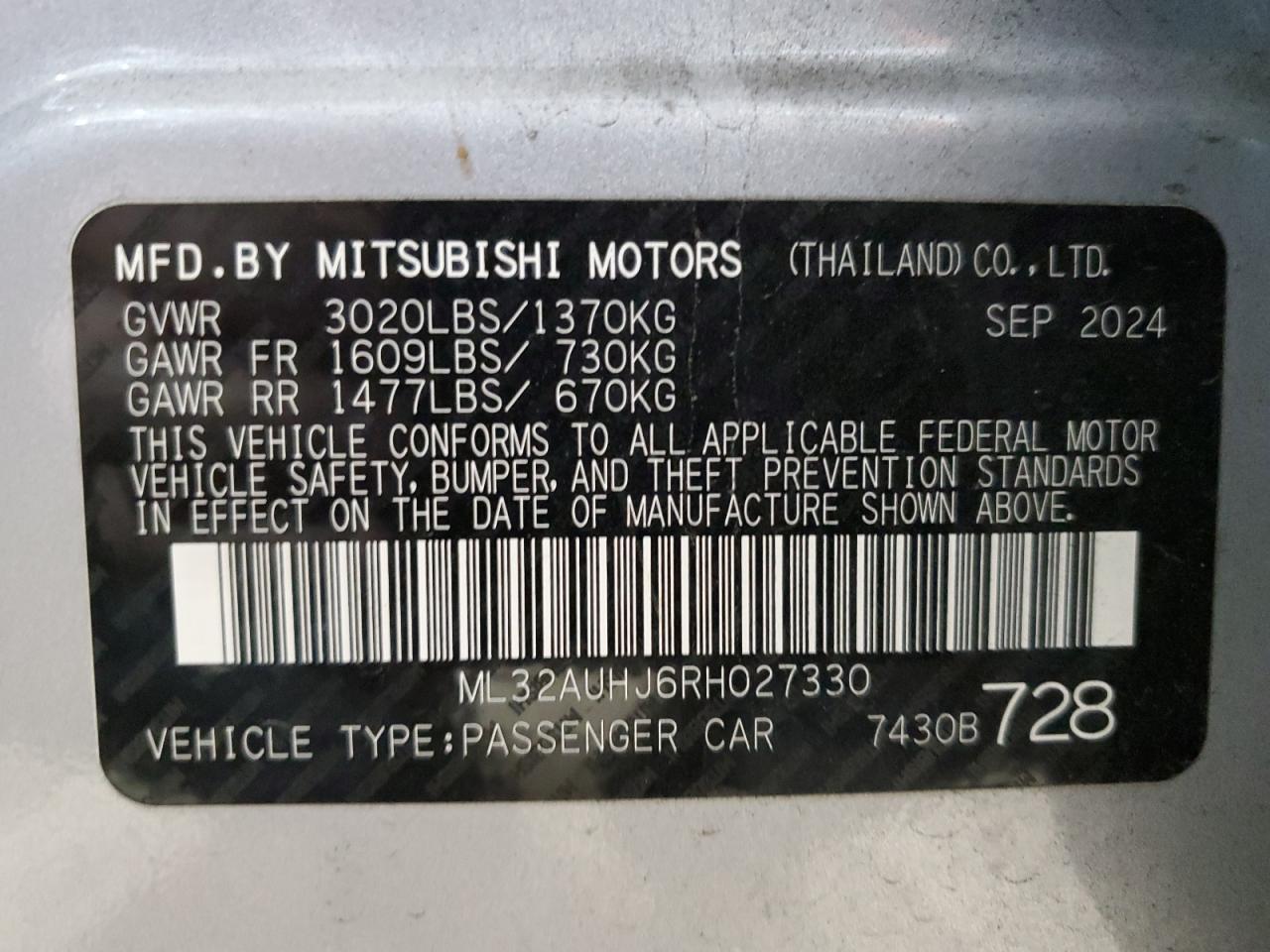 2024 Mitsubishi Mirage Es VIN: ML32AUHJ6RH027330 Lot: 93496615