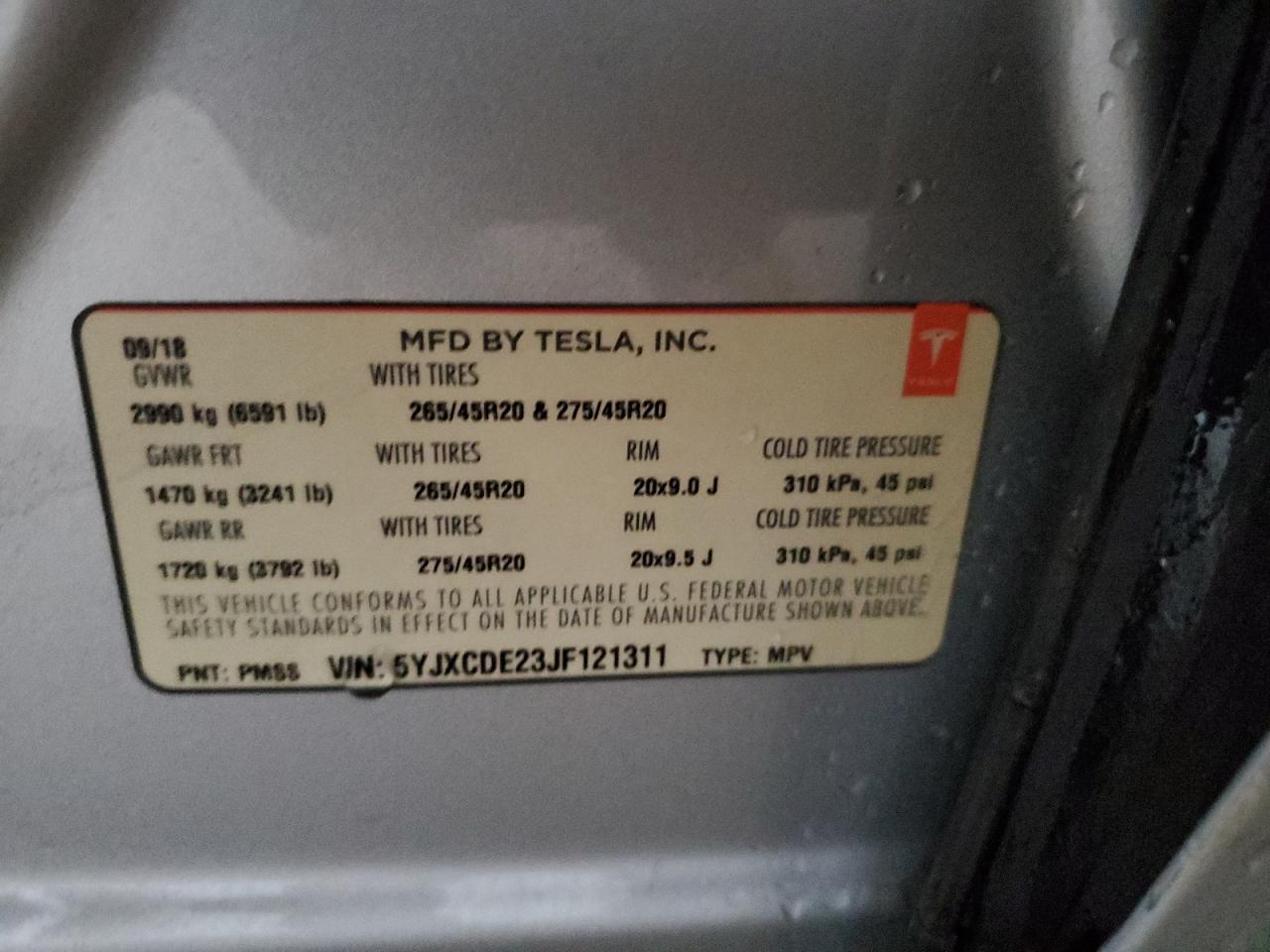 2018 Tesla Model X VIN: 5YJXCDE23JF121311 Lot: 94116555