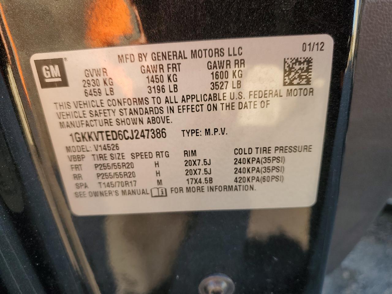 2012 GMC Acadia Denali VIN: 1GKKVTED6CJ247386 Lot: 91363665