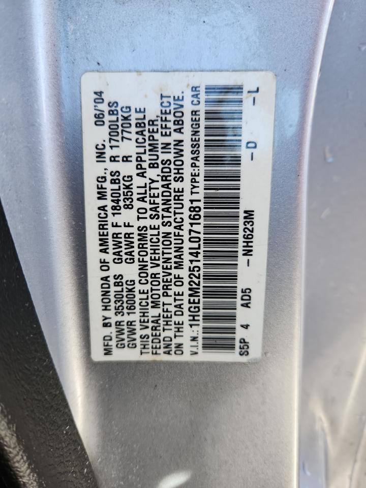 2004 Honda Civic Lx VIN: 1HGEM22514L071681 Lot: 92060045