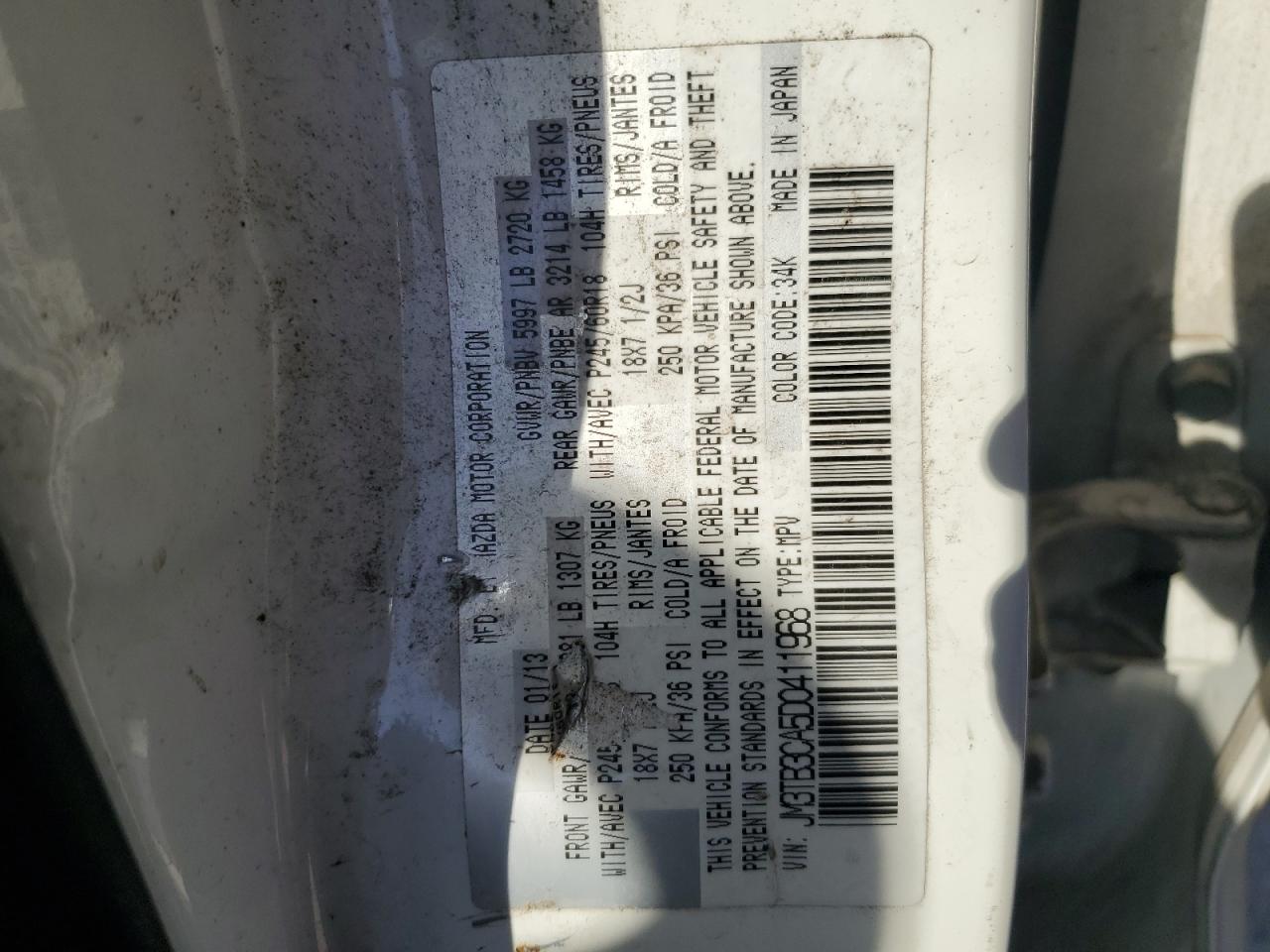 2013 Mazda Cx-9 Touring VIN: JM3TB3CA5D0411968 Lot: 92810495