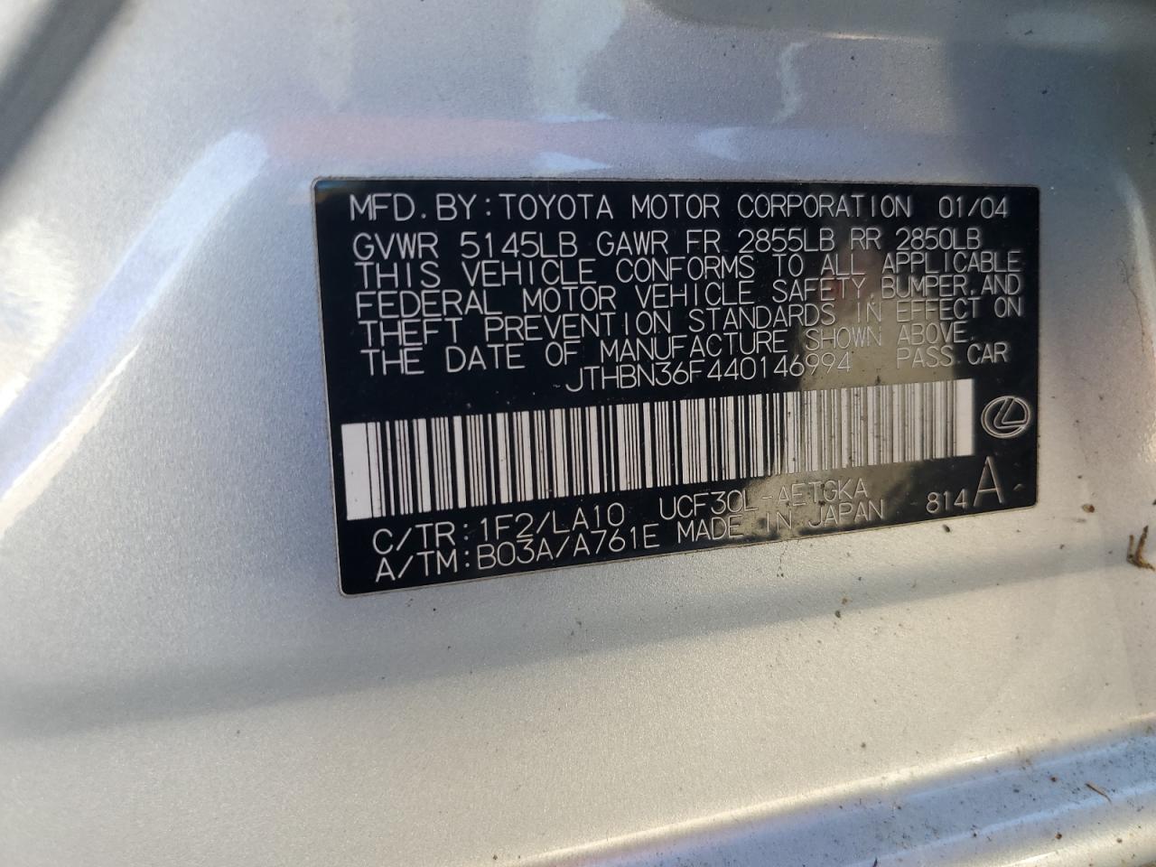 2004 Lexus Ls 430 VIN: JTHBN36F440146994 Lot: 87249445