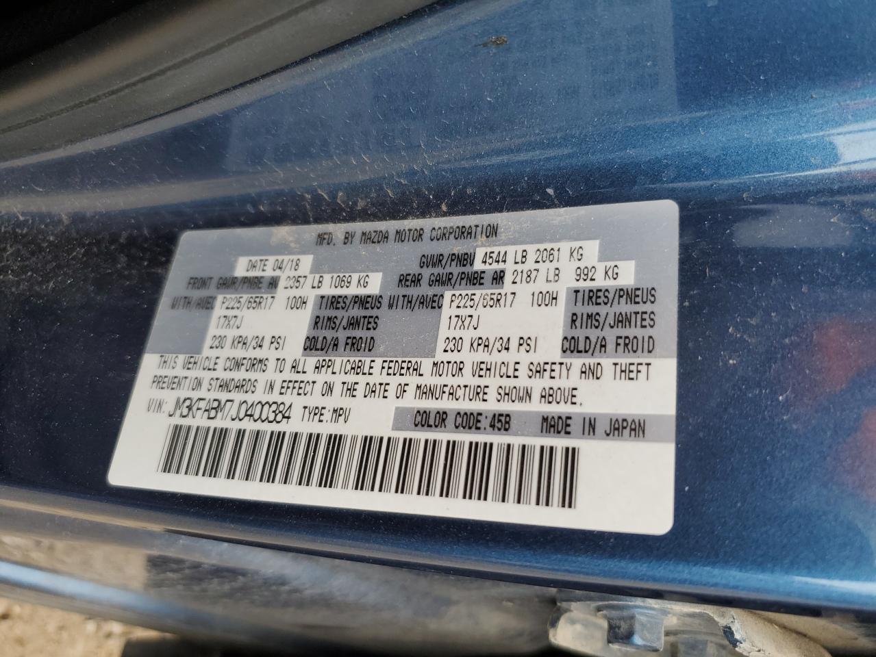 2018 Mazda Cx-5 Sport VIN: JM3KFABM7J0400384 Lot: 93814245