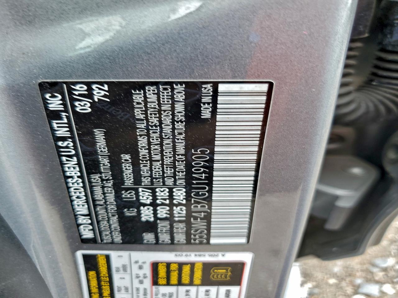 2016 Mercedes-Benz C 300 VIN: 55SWF4JB7GU149905 Lot: 93623585