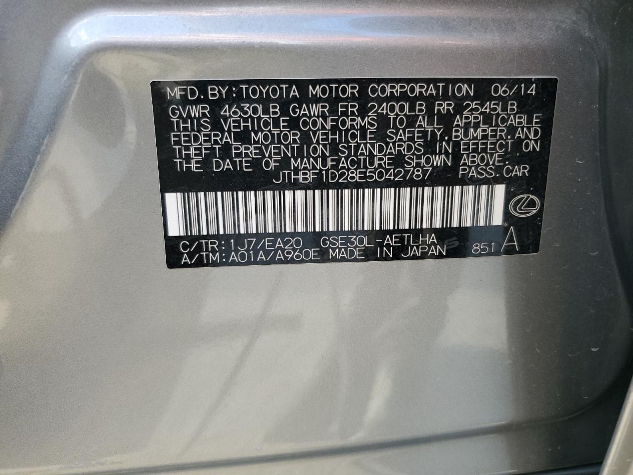 2014 Lexus Is 250 VIN: JTHBF1D28E5042787 Lot: 91136095