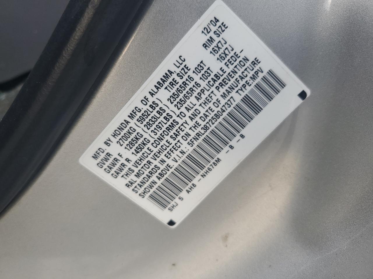 2005 Honda Odyssey Exl VIN: 5FNRL38725B047377 Lot: 92483345