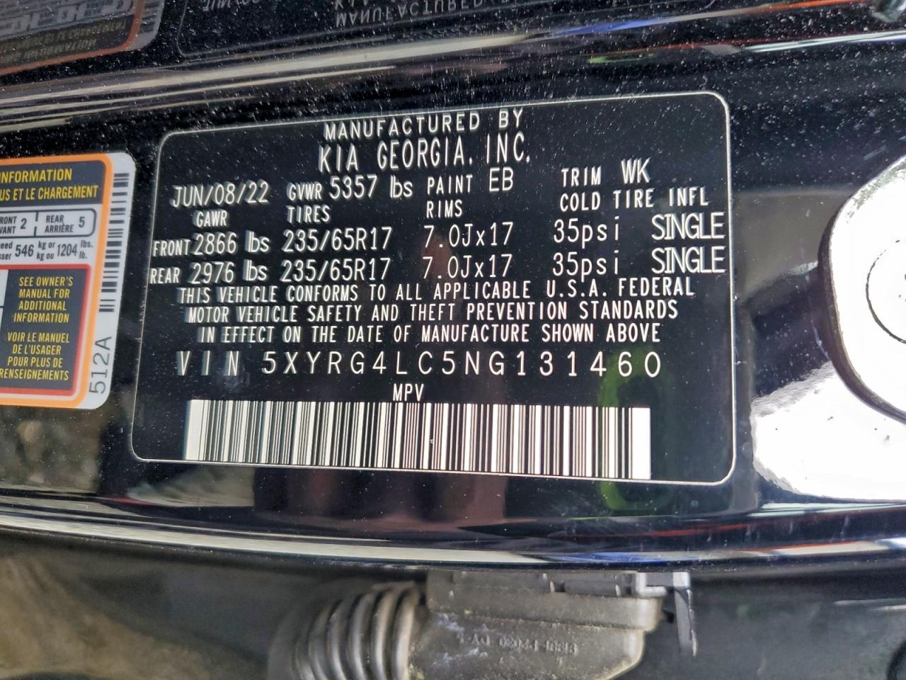 2022 Kia Sorento Lx VIN: 5XYRG4LC5NG131460 Lot: 93934155