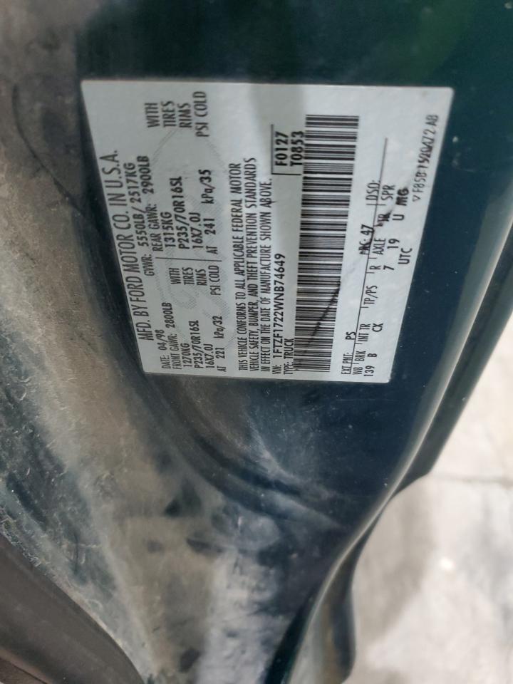 1998 Ford F150 VIN: 1FTZF1722WNB74649 Lot: 92027885