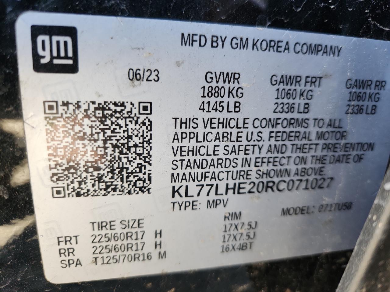 2024 Chevrolet Trax 1Lt VIN: KL77LHE20RC071027 Lot: 93285045