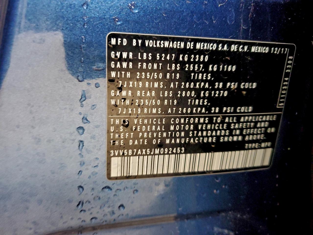 2018 Volkswagen Tiguan Sel Premium VIN: 3VV5B7AX5JM092453 Lot: 93933515