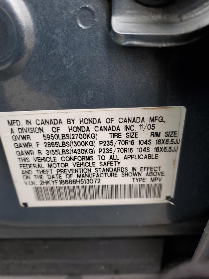 2006 Honda Pilot Ex VIN: 2HKYF18686H513072 Lot: 92655425