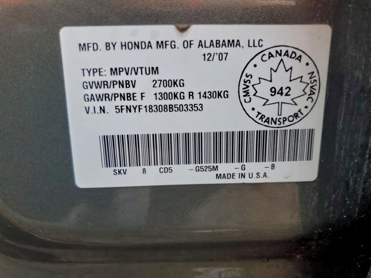 2008 Honda Pilot Se VIN: 5FNYF18308B503353 Lot: 94028685