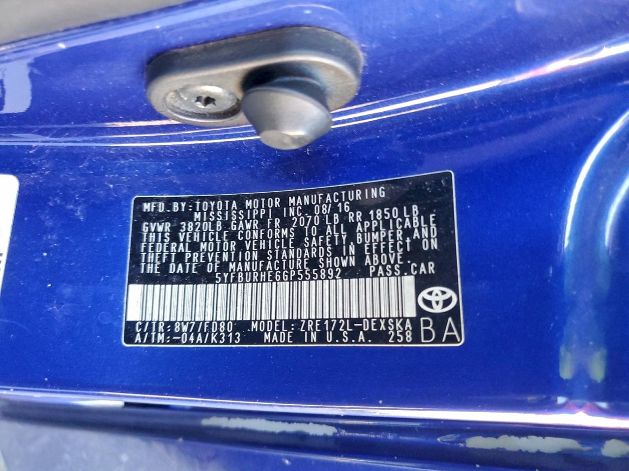 2016 Toyota Corolla L VIN: 5YFBURHE6GP555892 Lot: 93989595