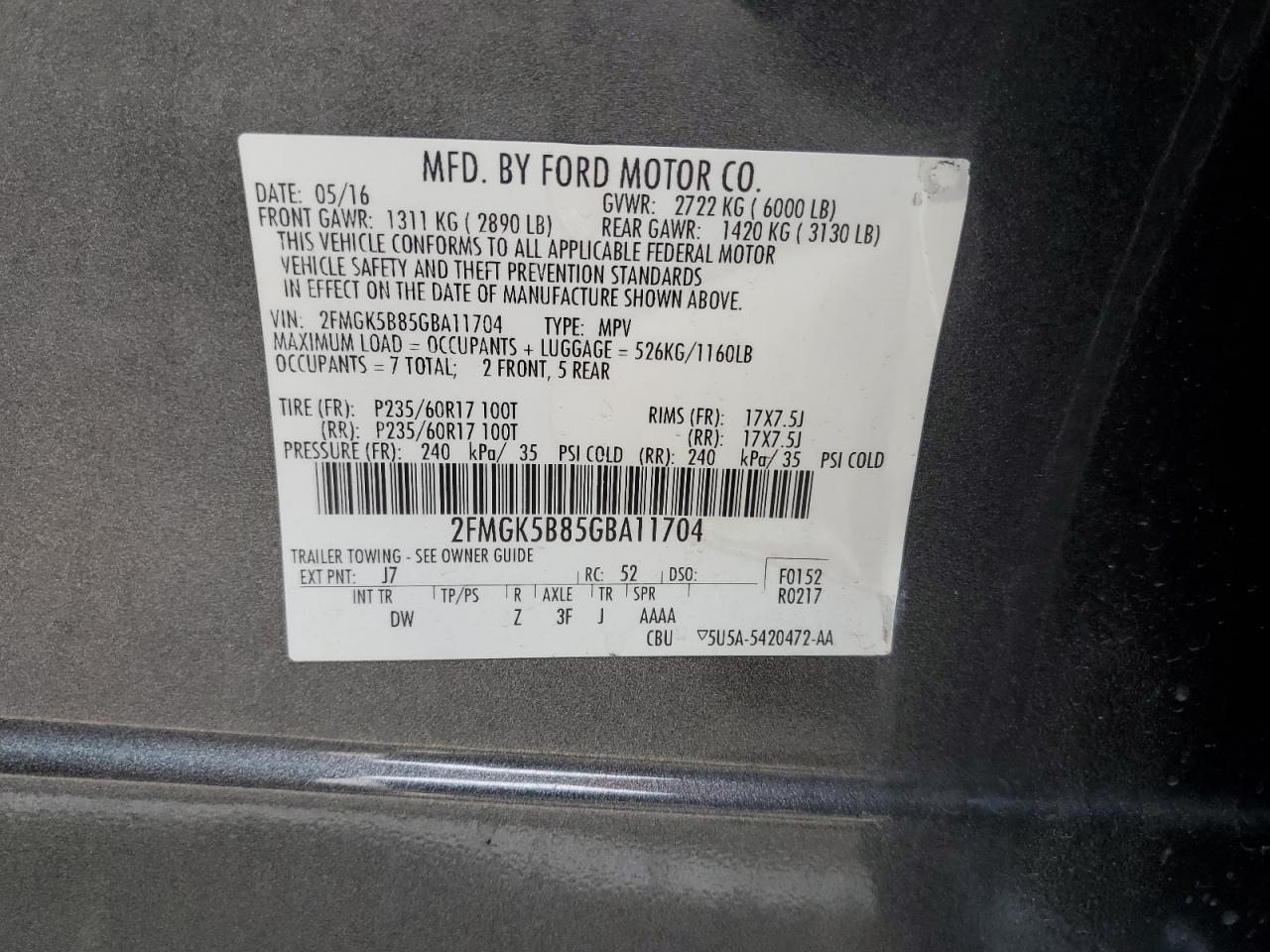 2016 Ford Flex Se VIN: 2FMGK5B85GBA11704 Lot: 91931855