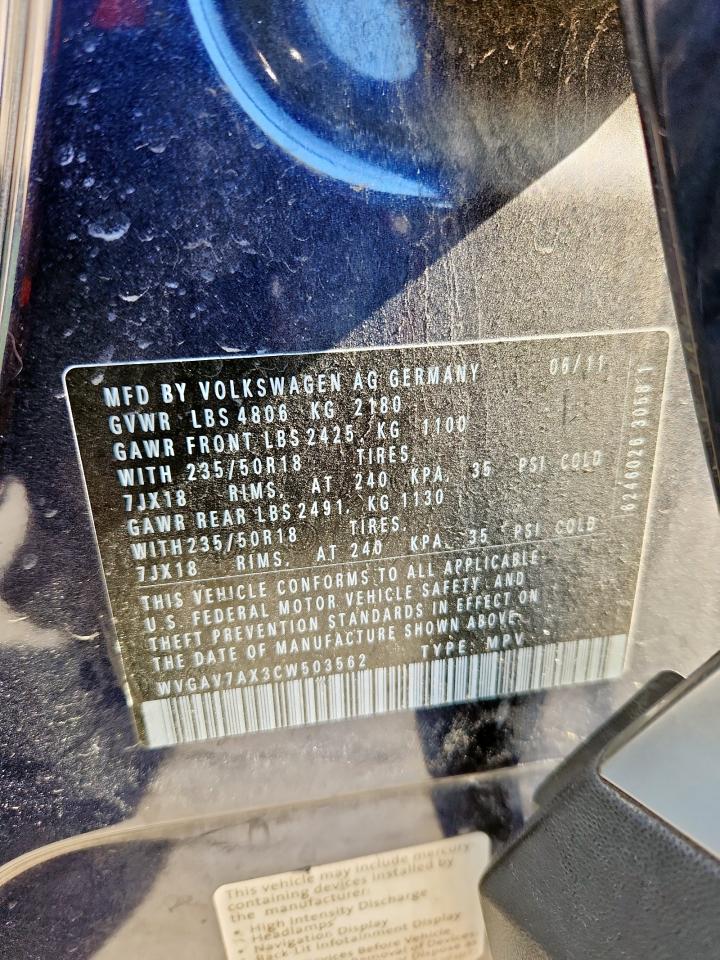 2012 Volkswagen Tiguan S VIN: WVGAV7AX3CW503562 Lot: 92688395