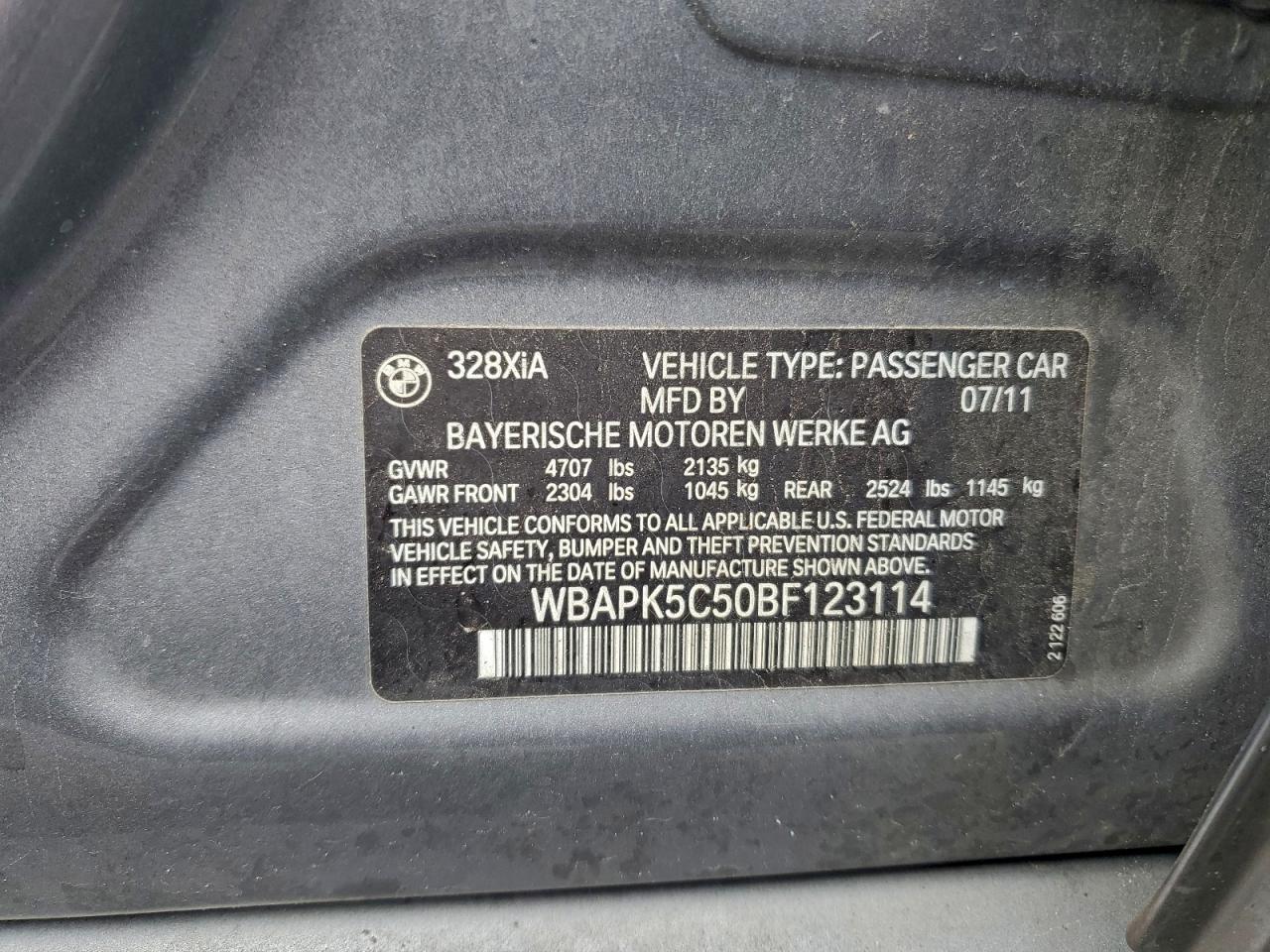 2011 BMW 328 Xi Sulev VIN: WBAPK5C50BF123114 Lot: 92322245