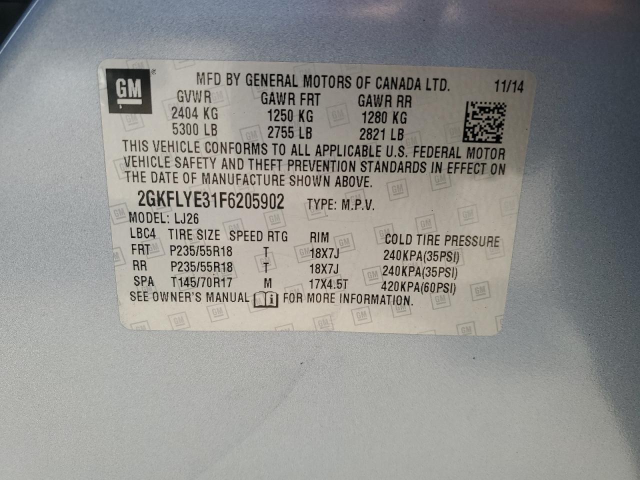 2015 GMC Terrain Slt VIN: 2GKFLYE31F6205902 Lot: 90871415
