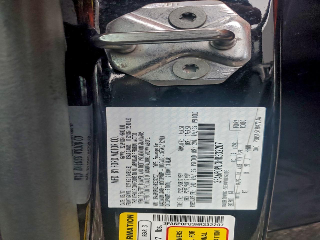 2017 Ford Fusion Se Phev VIN: 3FA6P0PU3HR332207 Lot: 93828815