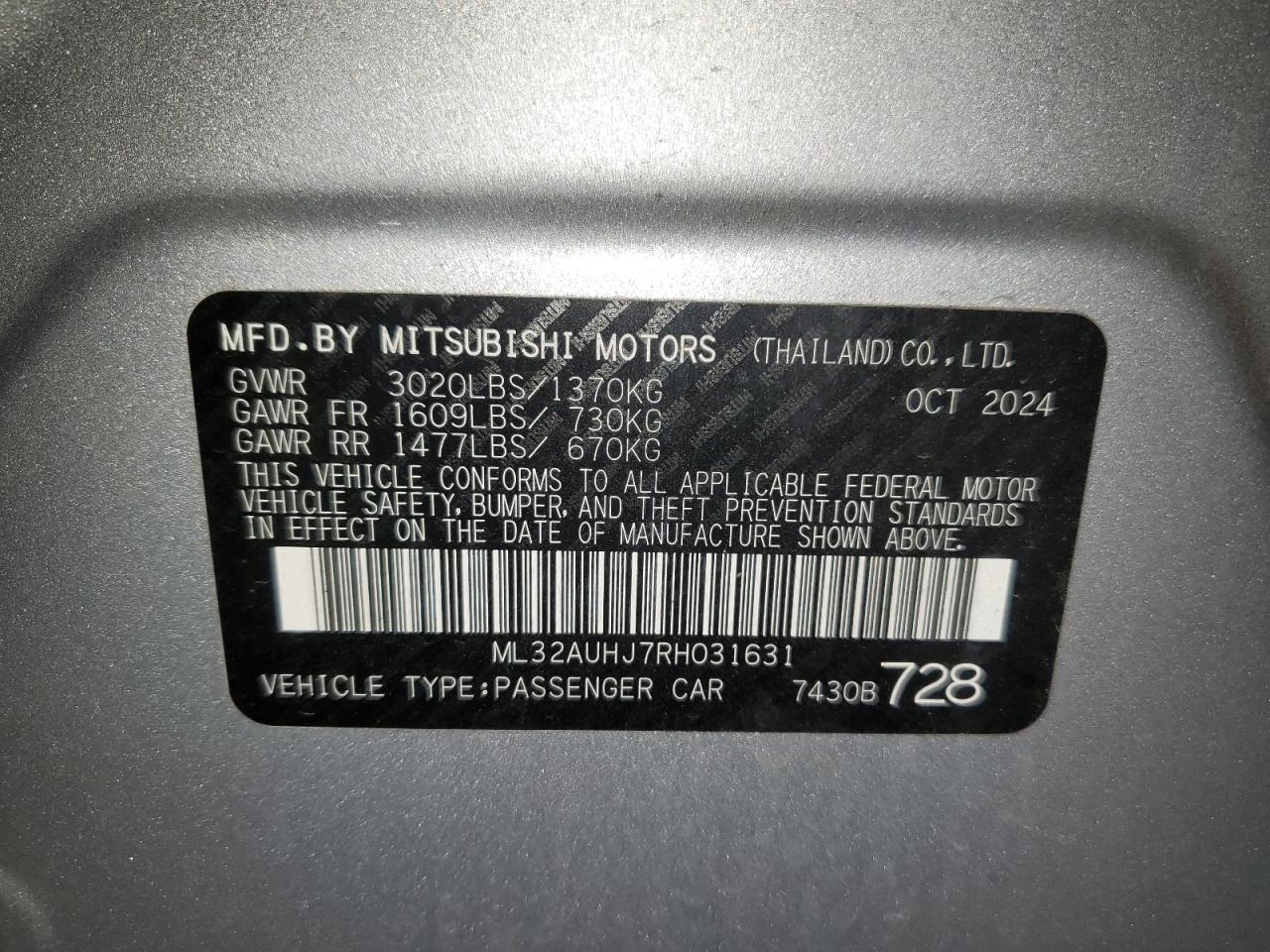 2024 Mitsubishi Mirage Es VIN: ML32AUHJ7RH031631 Lot: 93667585