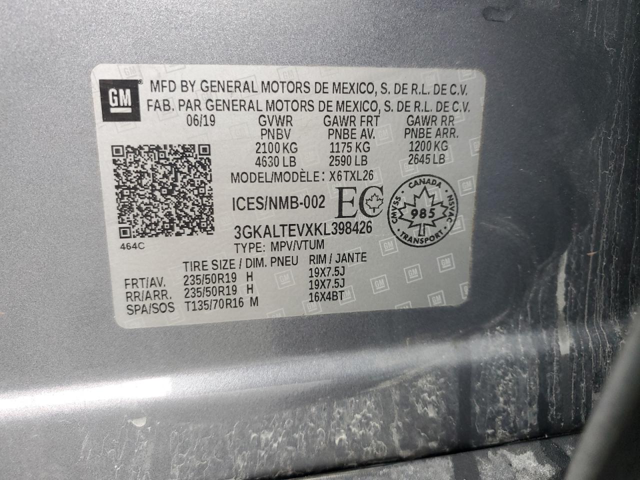 2019 GMC Terrain Sle VIN: 3GKALTEVXKL398426 Lot: 91252975