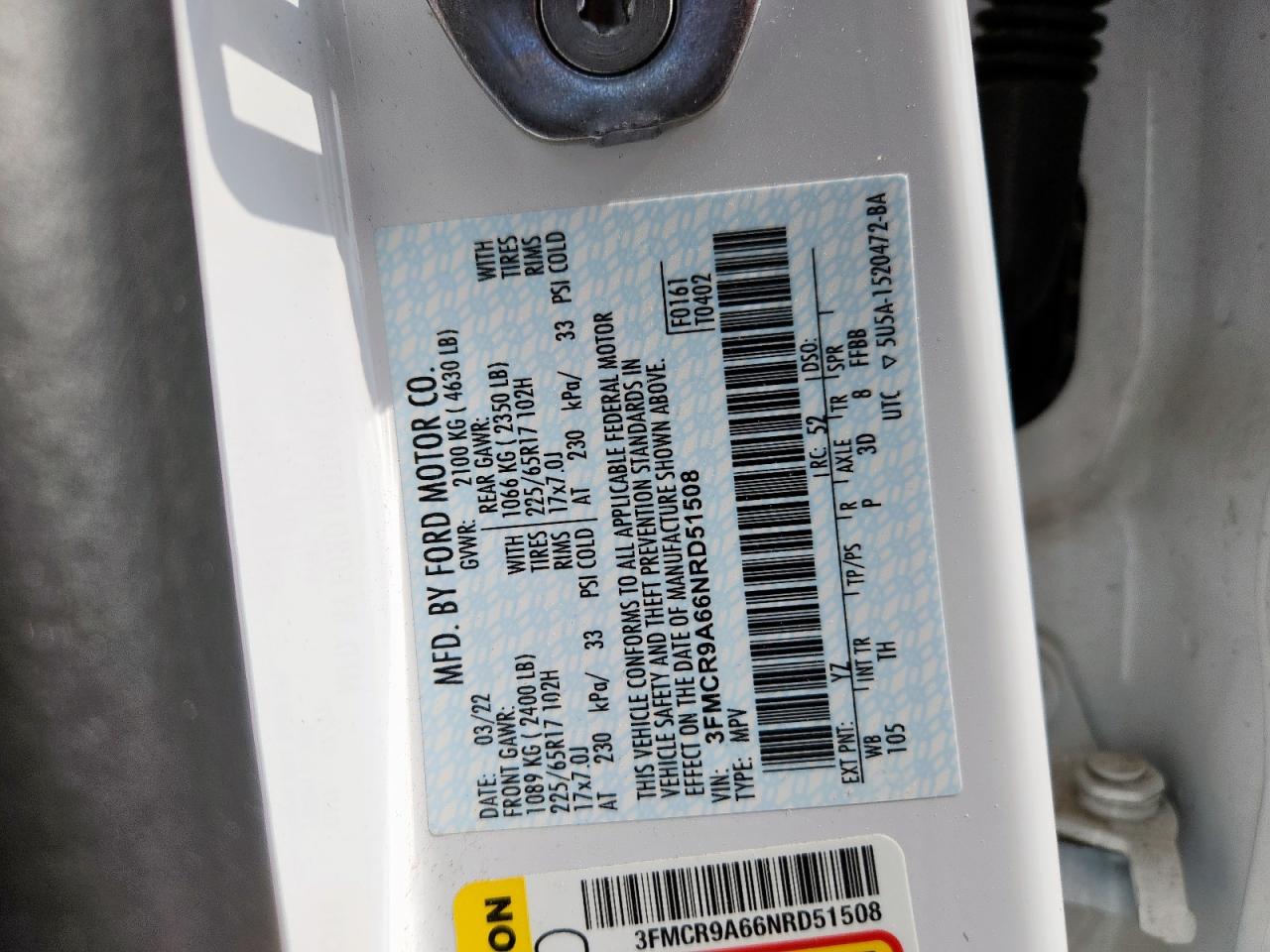 2022 Ford Bronco Sport VIN: 3FMCR9A66NRD51508 Lot: 93466975