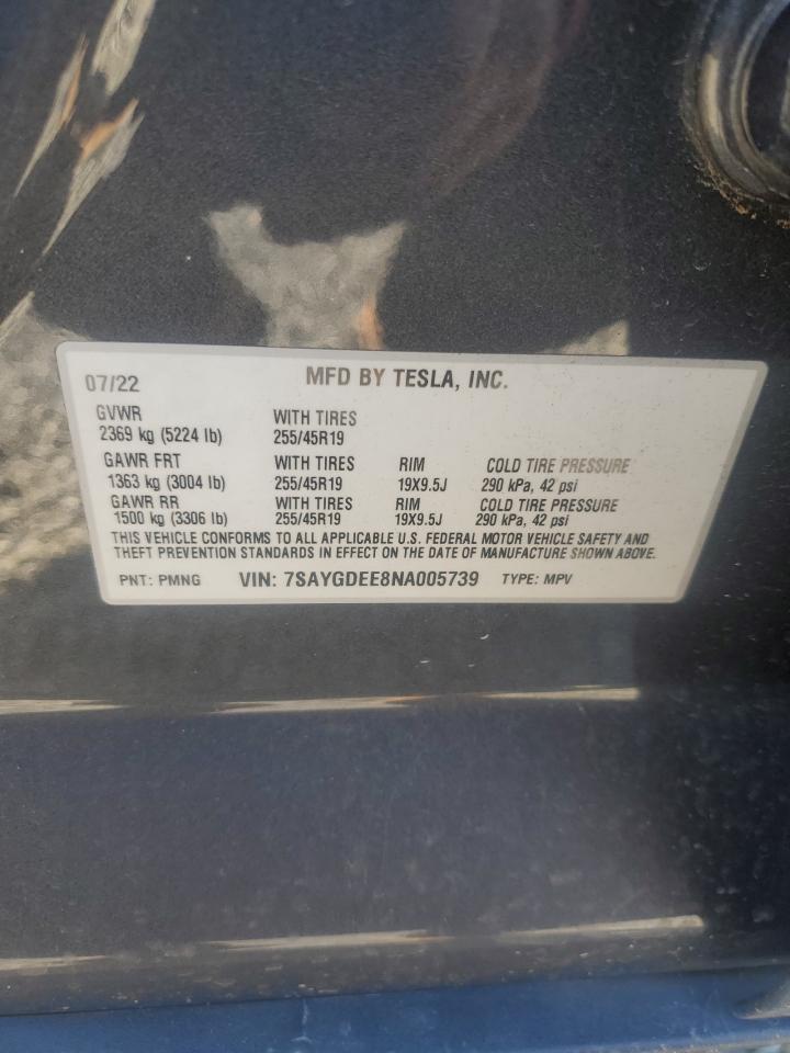 2022 Tesla Model Y VIN: 7SAYGDEE8NA005739 Lot: 92323935