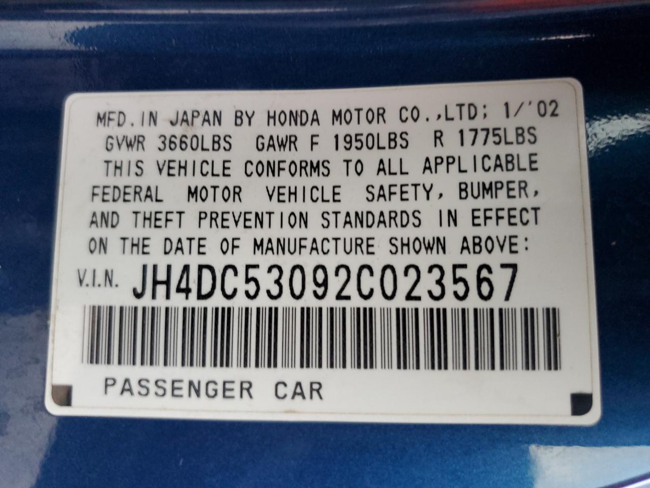 2002 Acura Rsx Type-S VIN: JH4DC53092C023567 Lot: 92741055