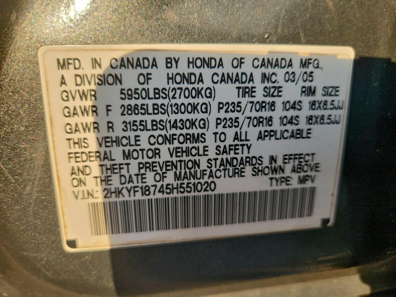 2005 Honda Pilot Exl VIN: 2HKYF18745H551020 Lot: 92895895