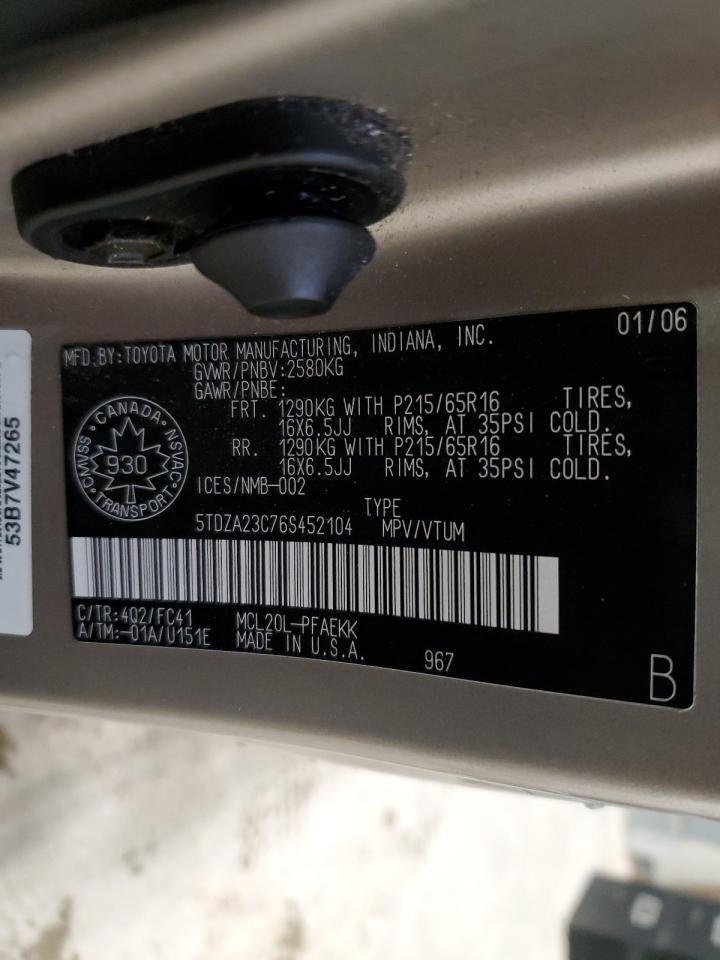 2006 Toyota Sienna Ce VIN: 5TDZA23C76S452104 Lot: 91474485