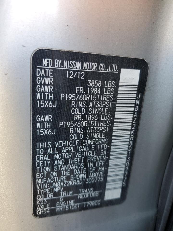 2013 Nissan Cube S VIN: JN8AZ2KR8DT302775 Lot: 92318595