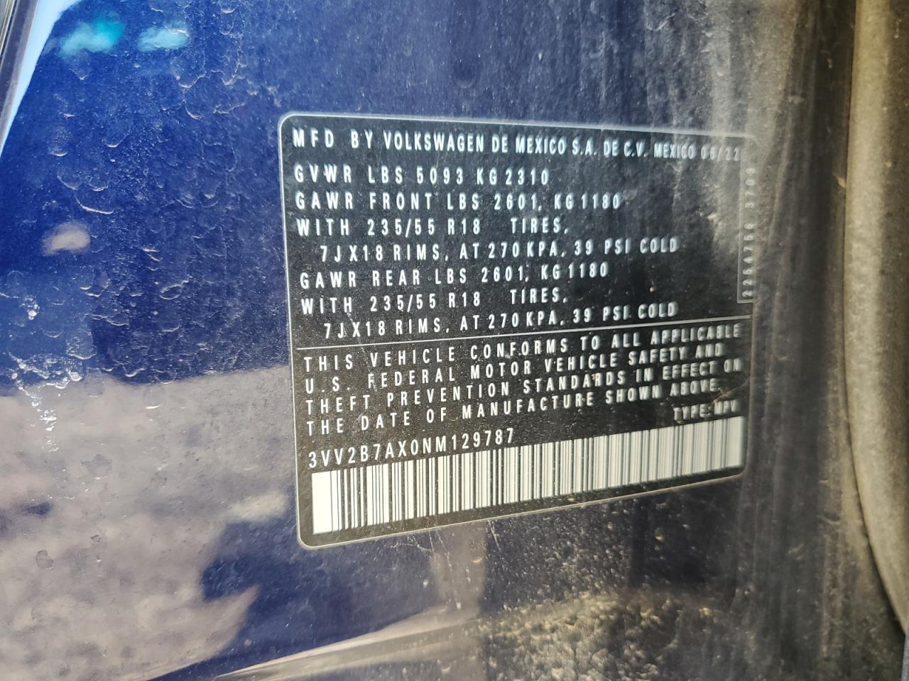 2022 Volkswagen Tiguan Se VIN: 3VV2B7AX0NM129787 Lot: 90862015