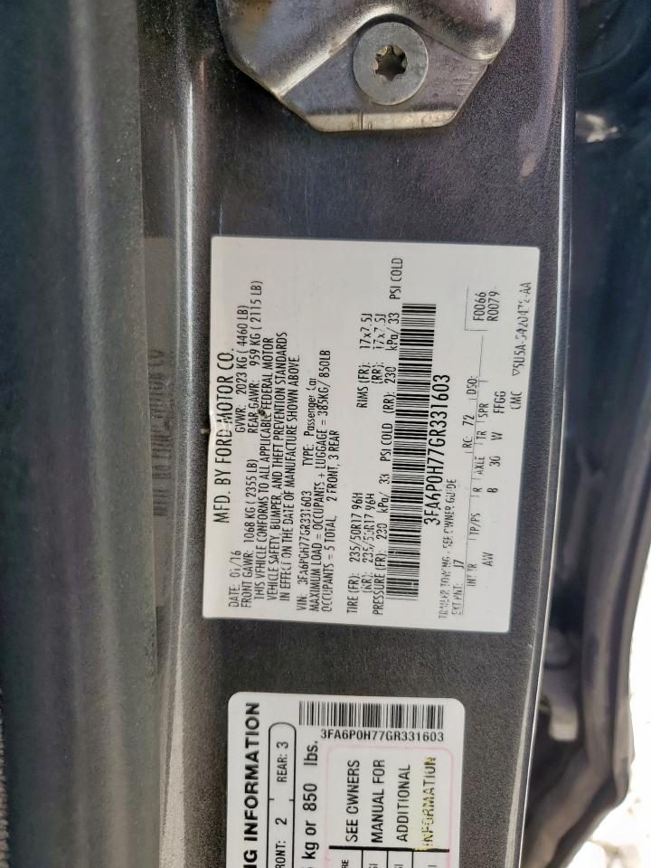 2016 Ford Fusion Se VIN: 3FA6P0H77GR331603 Lot: 92238175