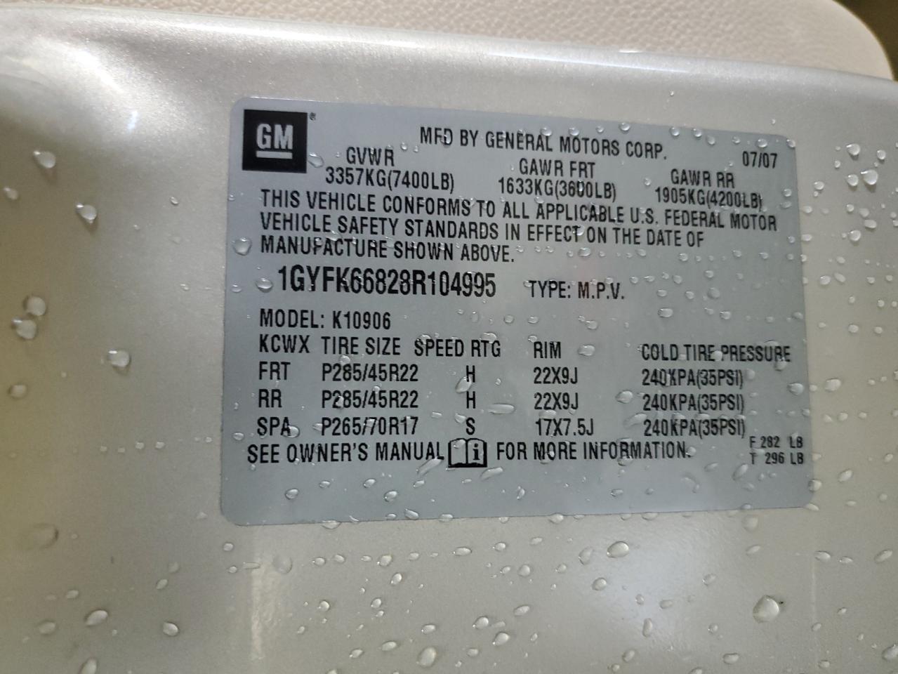 2008 Cadillac Escalade Esv VIN: 1GYFK66828R104995 Lot: 91420185