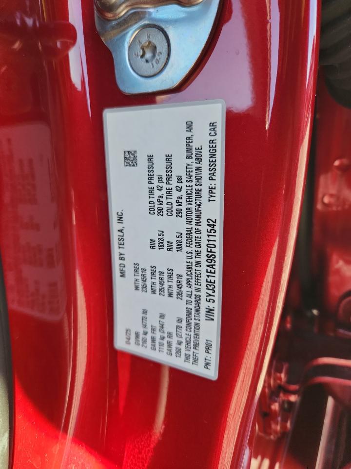 2025 Tesla Model 3 VIN: 5YJ3E1EA9SF011542 Lot: 92121085