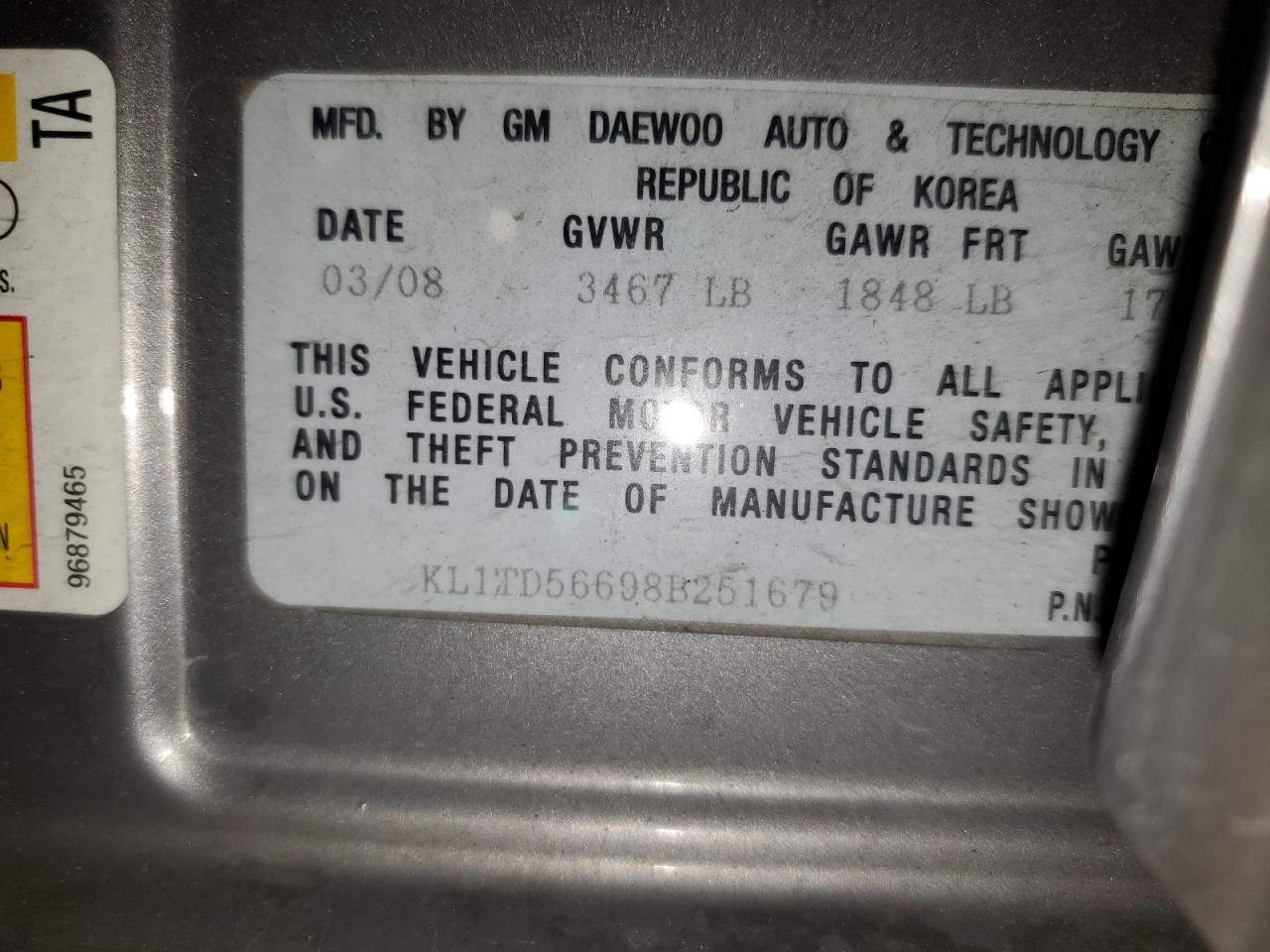 2008 Chevrolet Aveo Base VIN: 251679 Lot: 94009485