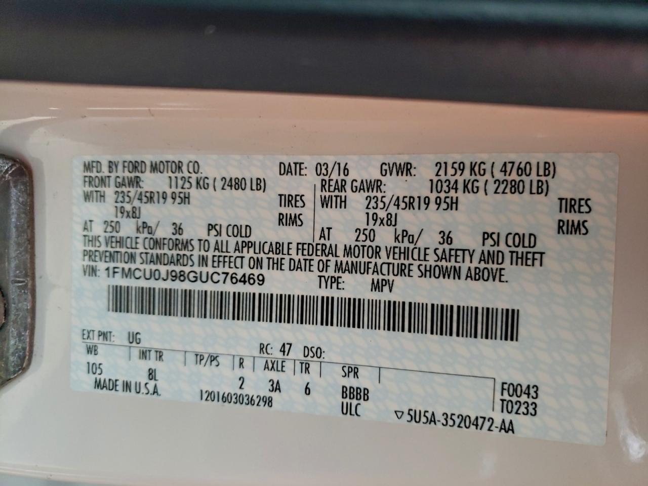 2016 Ford Escape Titanium VIN: 1FMCU0J98GUC76469 Lot: 94107725