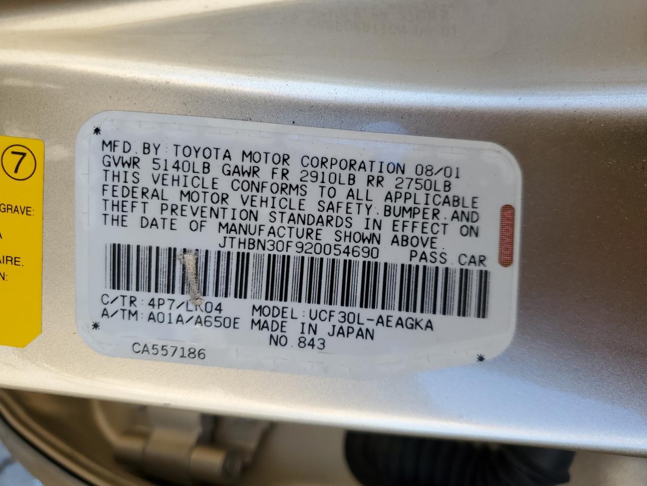 2002 Lexus Ls 430 VIN: JTHBN30F920054690 Lot: 92069655