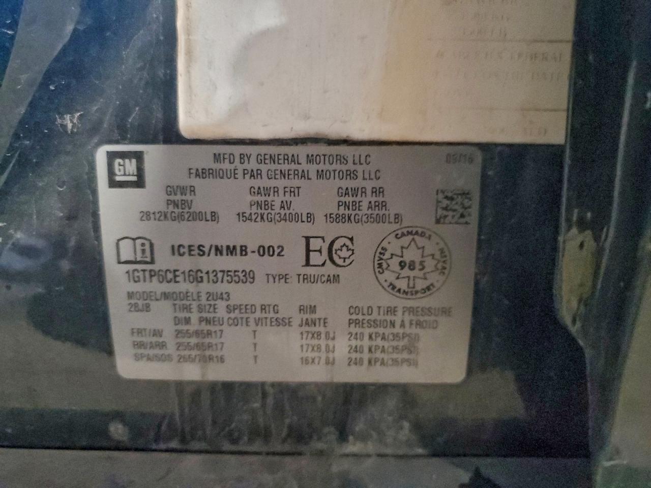 2016 GMC Canyon Sle VIN: 1GTP6CE16G1375539 Lot: 94127395