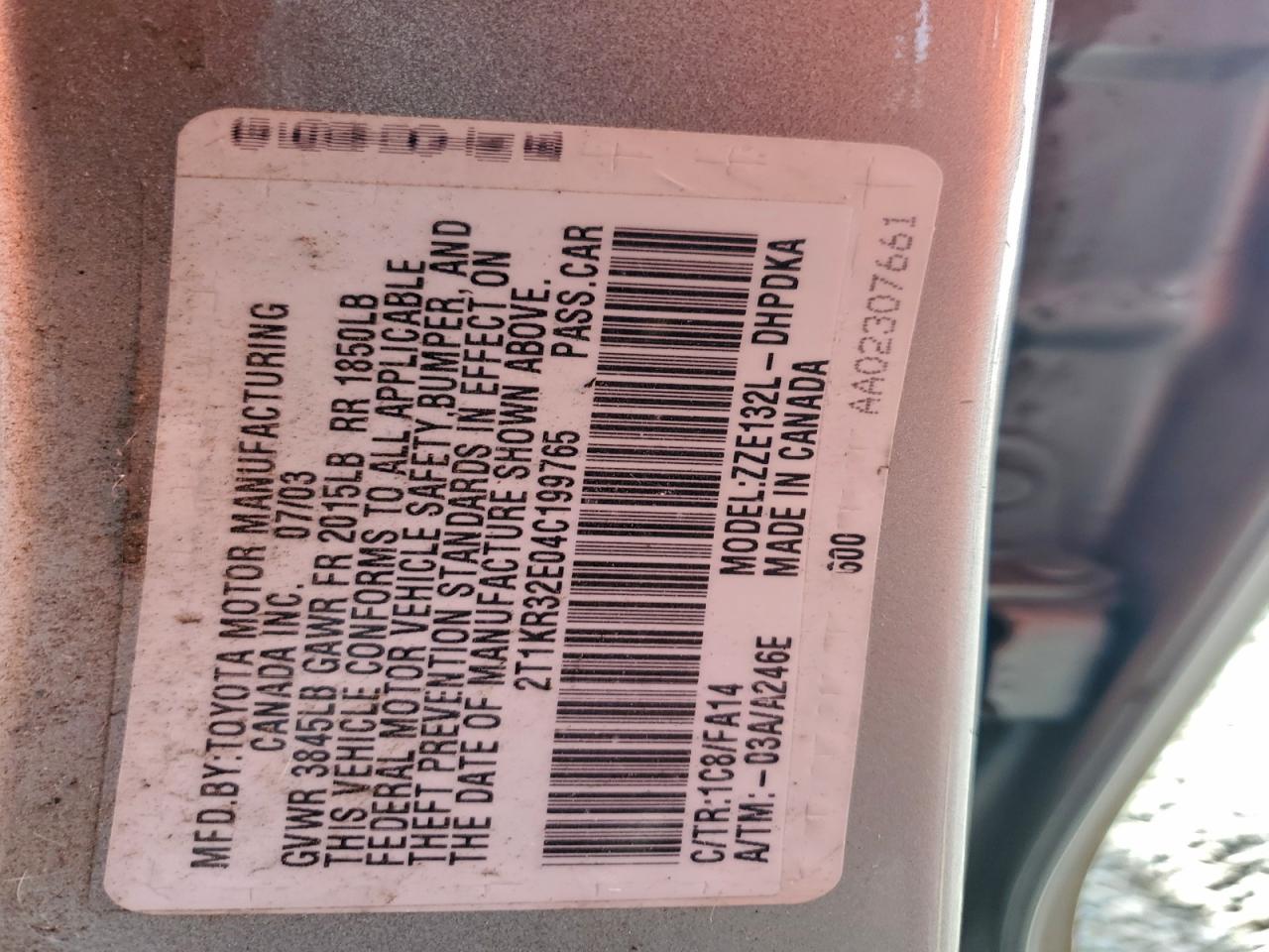 2004 Toyota Corolla Matrix Xr VIN: 2T1KR32E04C199765 Lot: 93416865