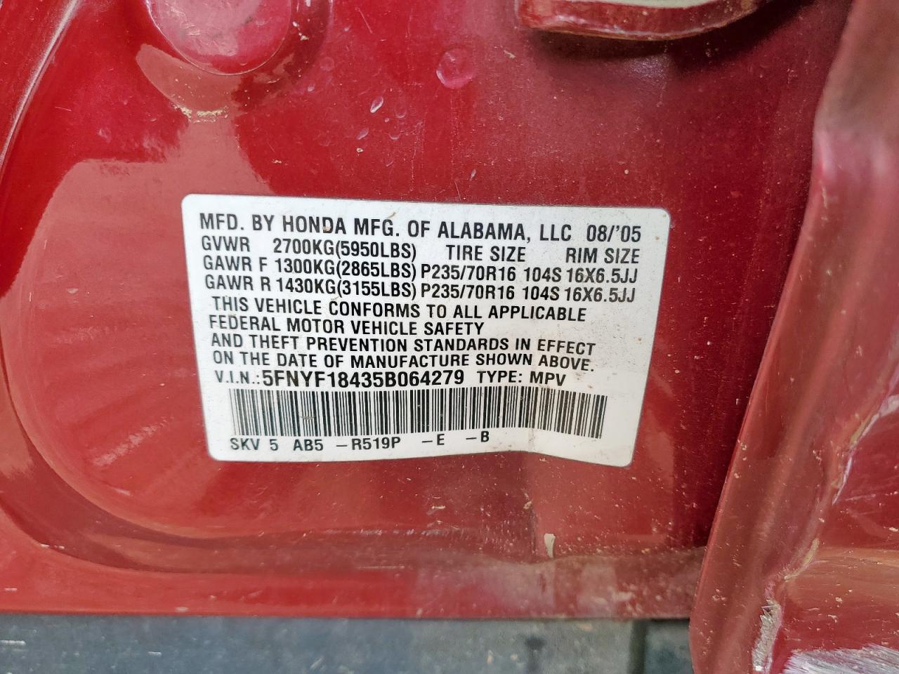 2005 Honda Pilot Ex VIN: 5FNYF18435B064279 Lot: 93656235