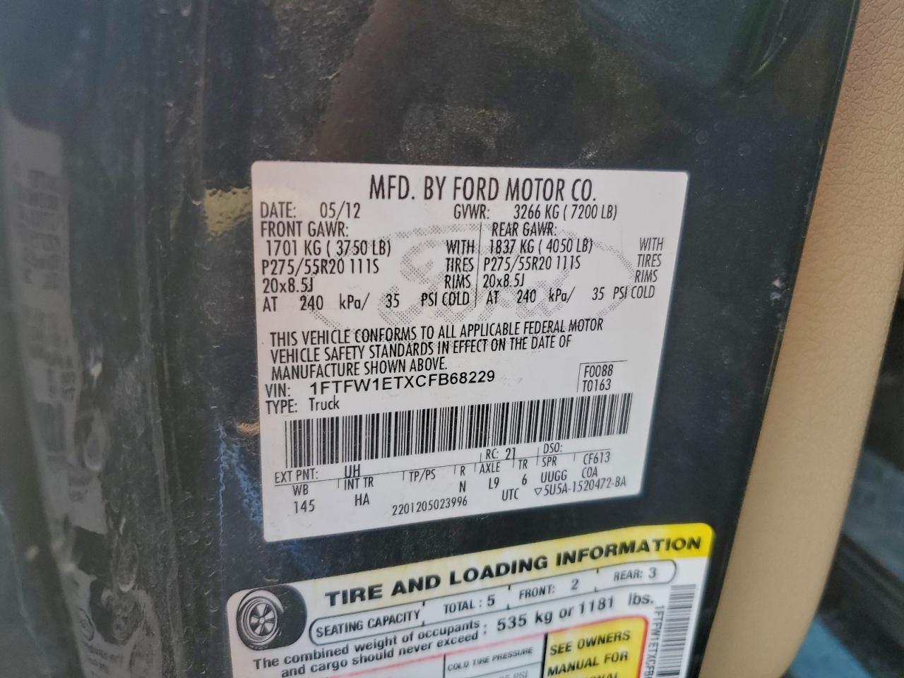 2012 Ford F150 Supercrew VIN: 1FTFW1ETXCFB68229 Lot: 94594275