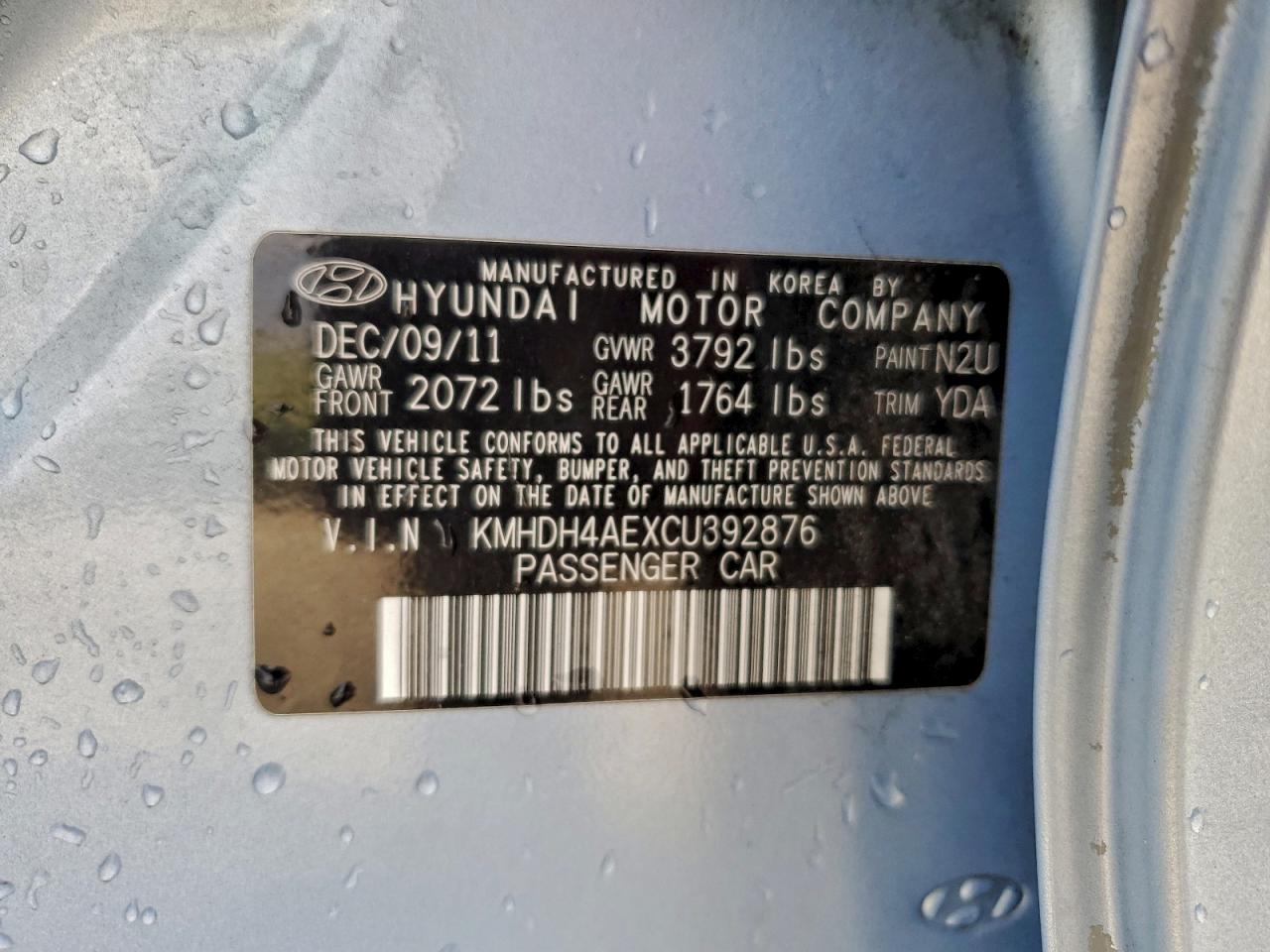 2012 Hyundai Elantra Gls VIN: KMHDH4AEXCU392876 Lot: 93843945