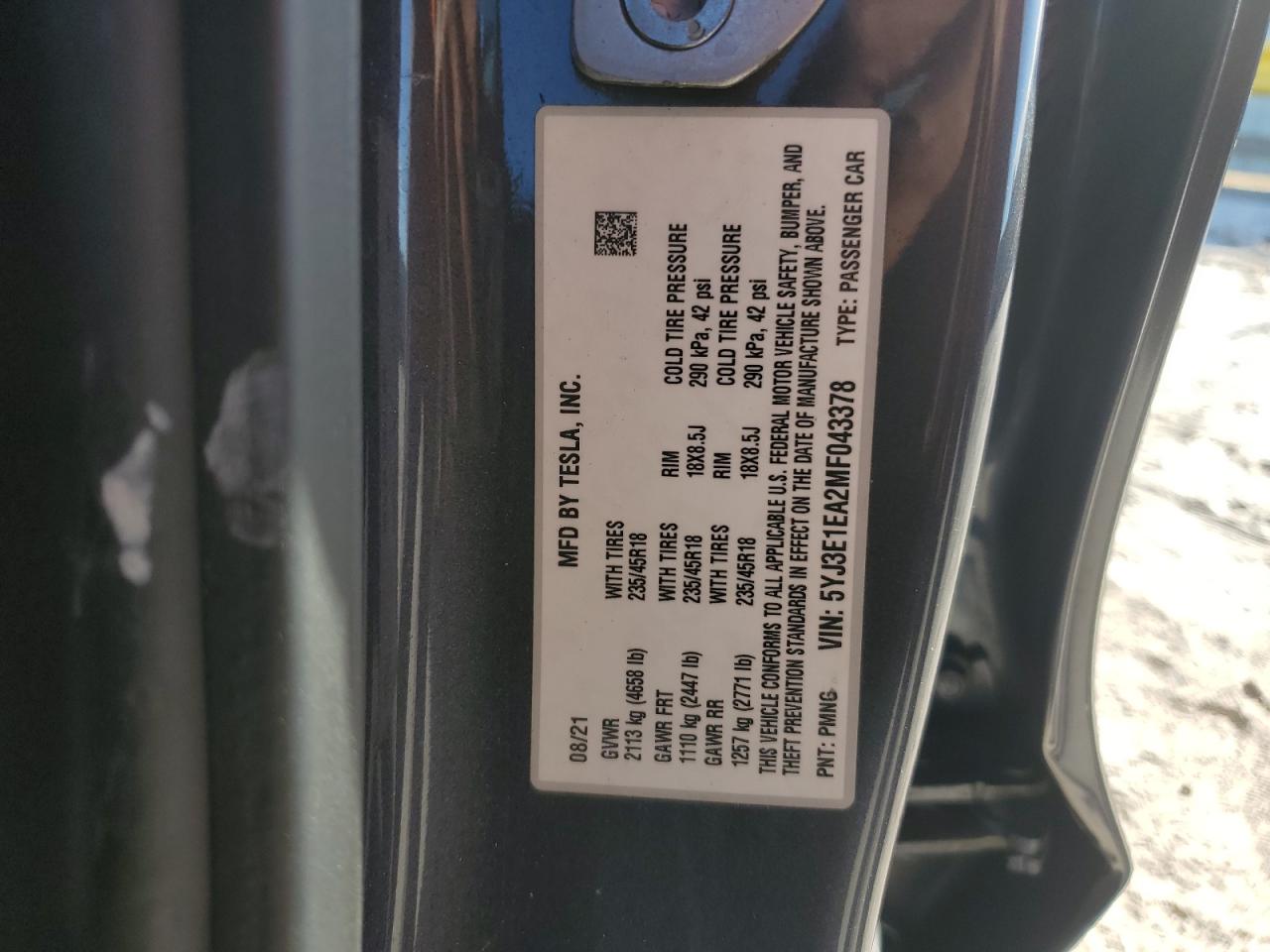 2021 Tesla Model 3 VIN: 5YJ3E1EA2MF043378 Lot: 91232655