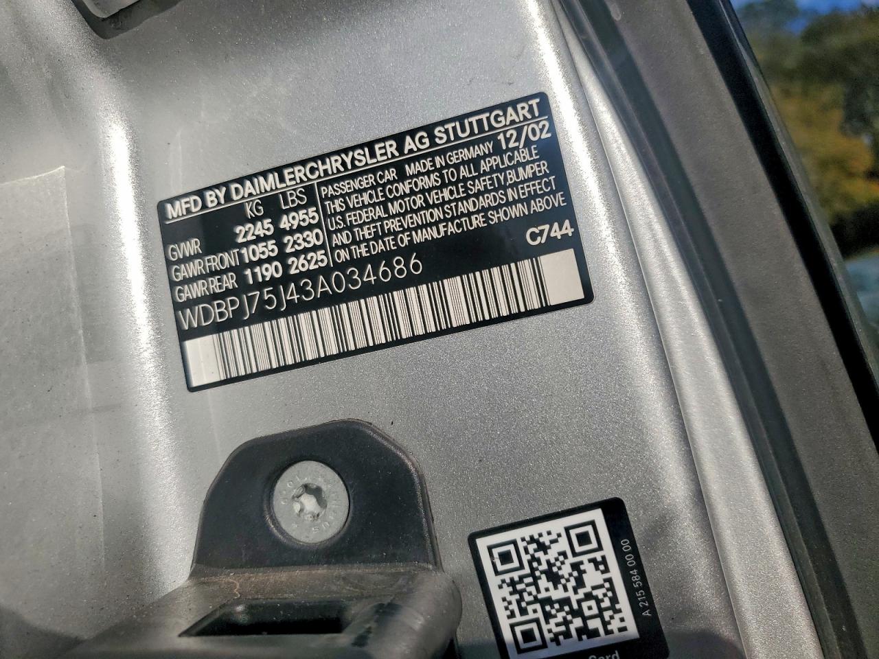 2003 Mercedes-Benz Cl 500 VIN: WDBPJ75J43A034686 Lot: 94254065