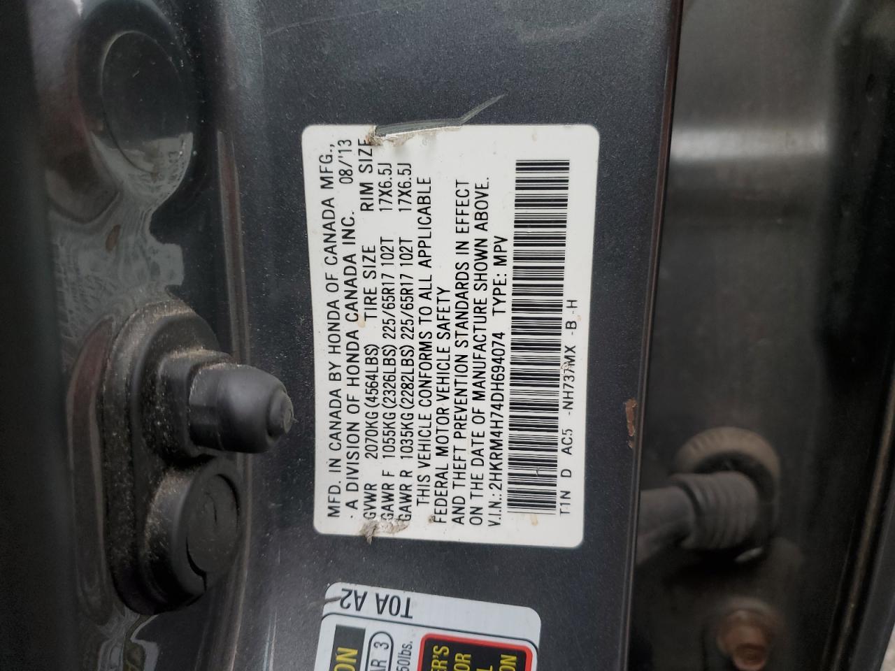 2013 Honda Cr-V Exl VIN: 2HKRM4H74DH694074 Lot: 91057265