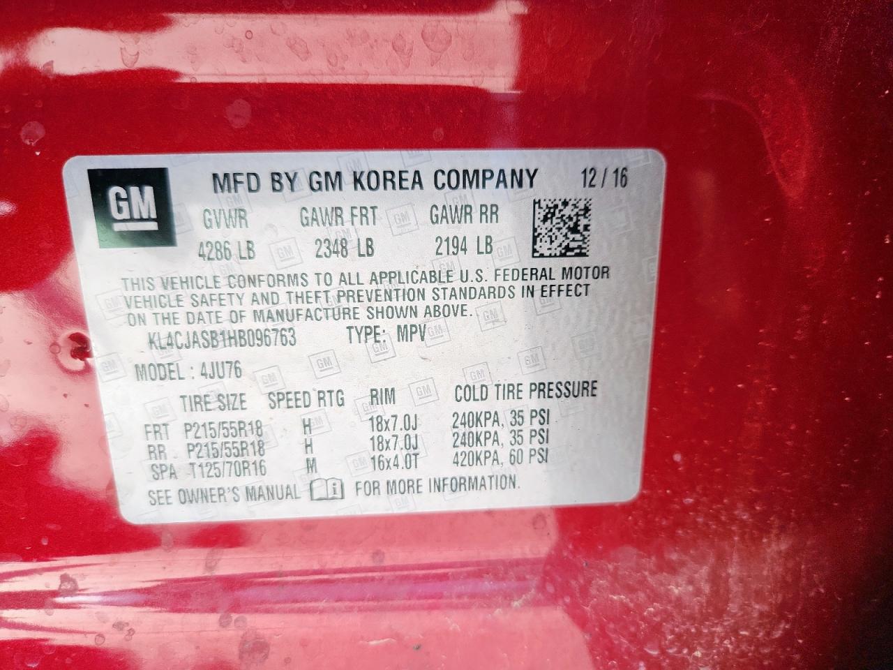 2017 Buick Encore Preferred VIN: KL4CJASB1HB096763 Lot: 92464405