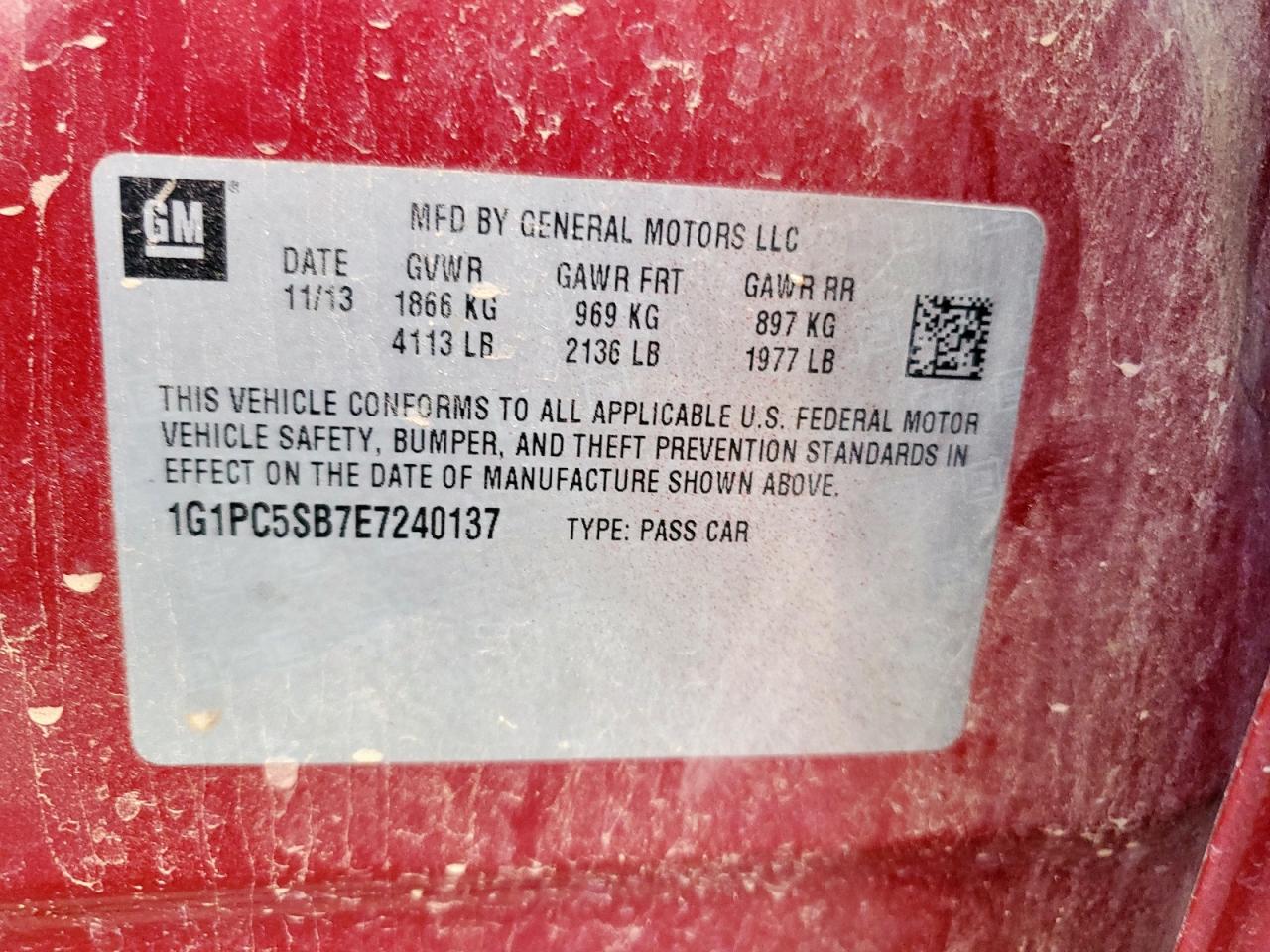 2014 Chevrolet Cruze Lt VIN: 1G1PC5SB7E7240137 Lot: 90955015