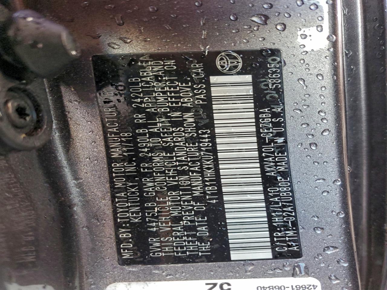 2019 Toyota Camry L VIN: 4T1B11HKXKU719443 Lot: 94696725