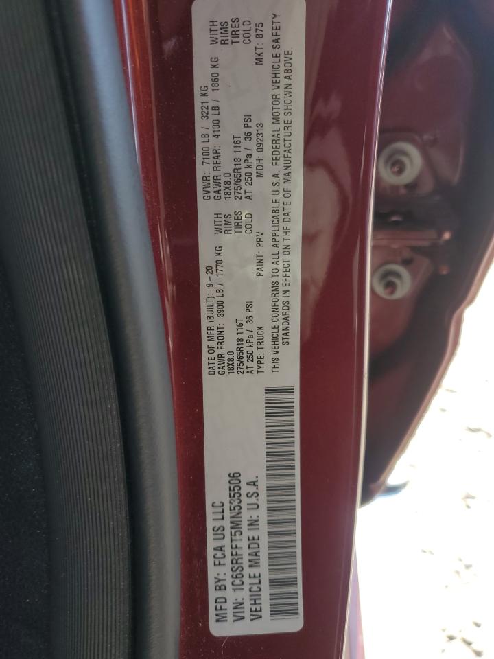 2021 Ram 1500 Big Horn/Lone Star VIN: 1C6SRFFT5MN535506 Lot: 92245945